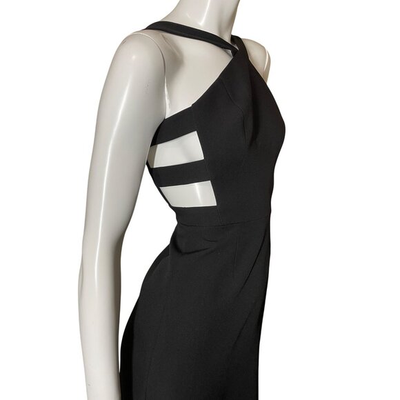 BCBG MAX AZRIA Black Midi Dress Size 0 Strappy Halter Side Cutouts LBD Date Part - Picture 2 of 15